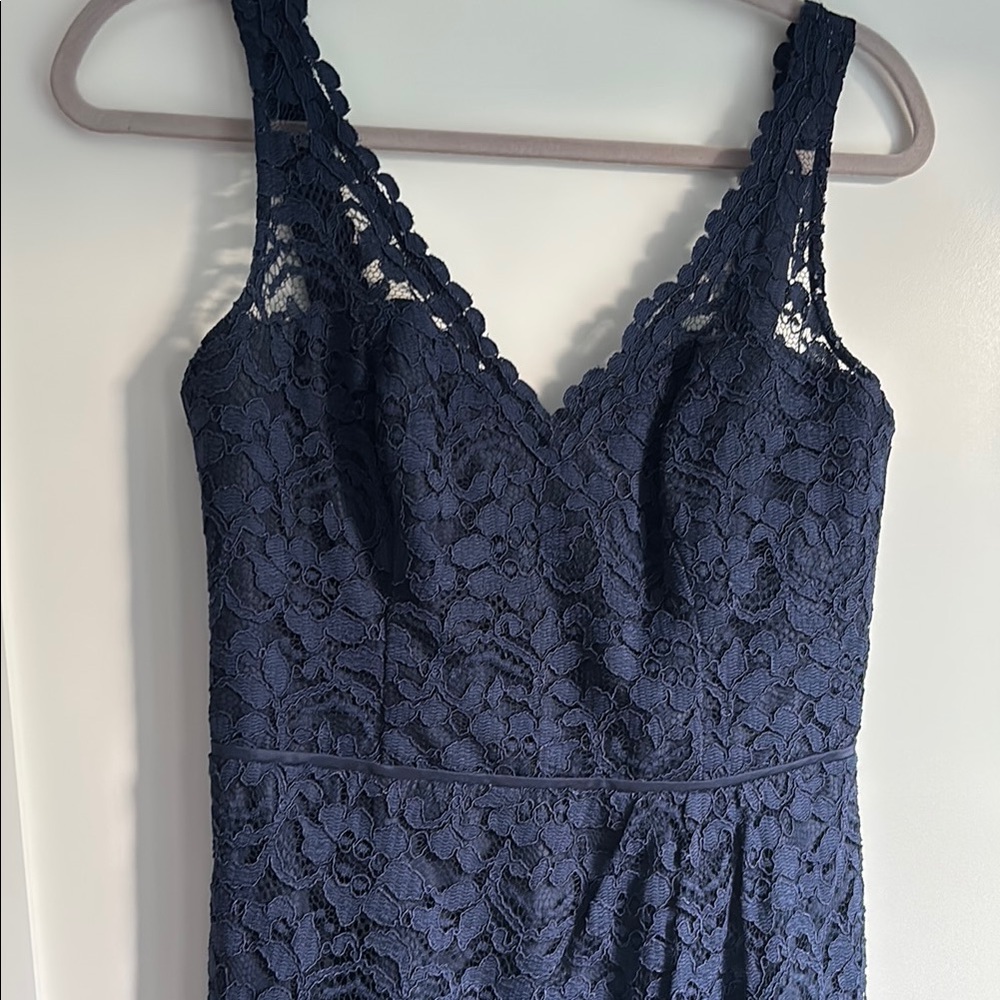 David's Bridal Midnight Blue Lace Midi Dress